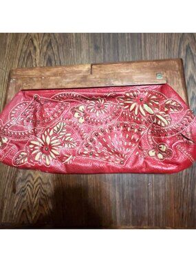 Rare‎ Vintage RAFÉ Red Cut Out Leather Clutch with Wooden Handle